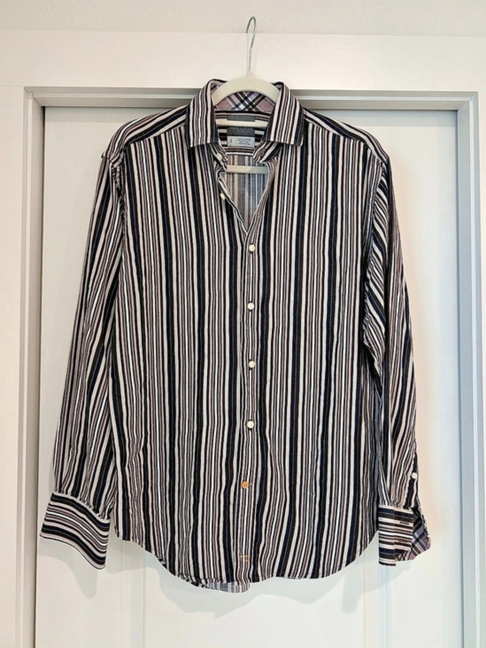 Thomas Dean Striped Cotton Button Up Long Sleeve Shirt in Blue & Red Size M NWOT